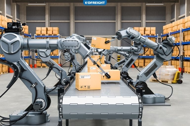 Automatic warehouse with robotic arms, 3D rendering