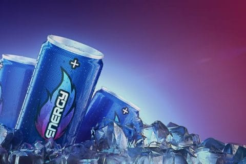 Energy drink pass through Ice Cubes. 3d rendering